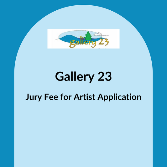 A graphic image representing Gallery 23's jury fee for artist application, featuring the gallery's logo and text details.