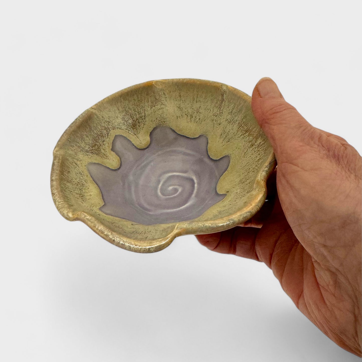 Lavender Ice Cream Bowl shown in hand for scale - Judy Musicant