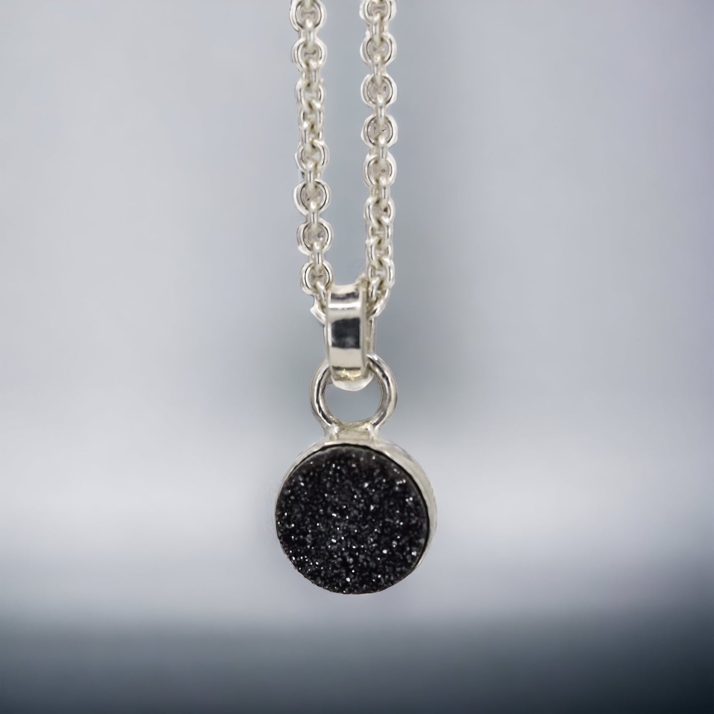 Black Druzy Pendant Necklace in Sterling Silver