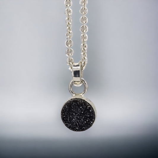 Black Druzy Pendant Necklace in Sterling Silver