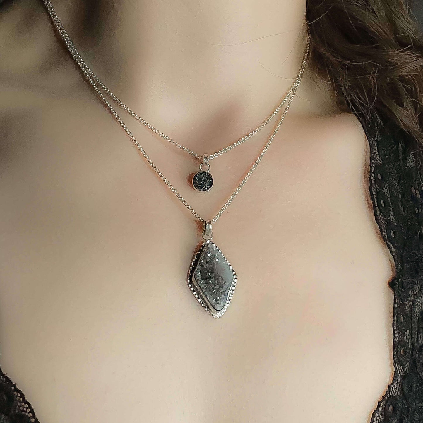 Black Druzy Pendant Necklace in Sterling Silver on Model