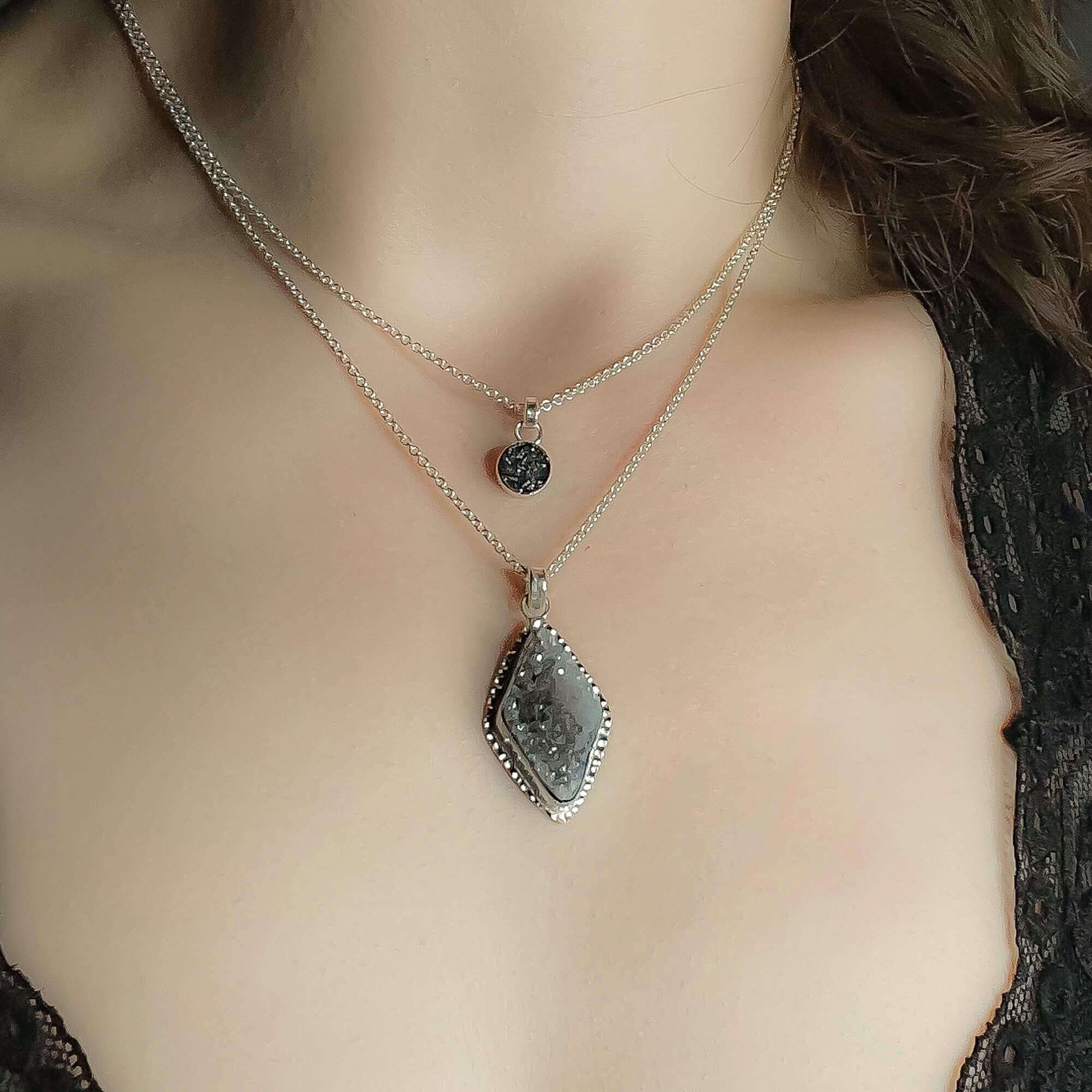 Black Druzy Pendant Necklace in Sterling Silver on Model