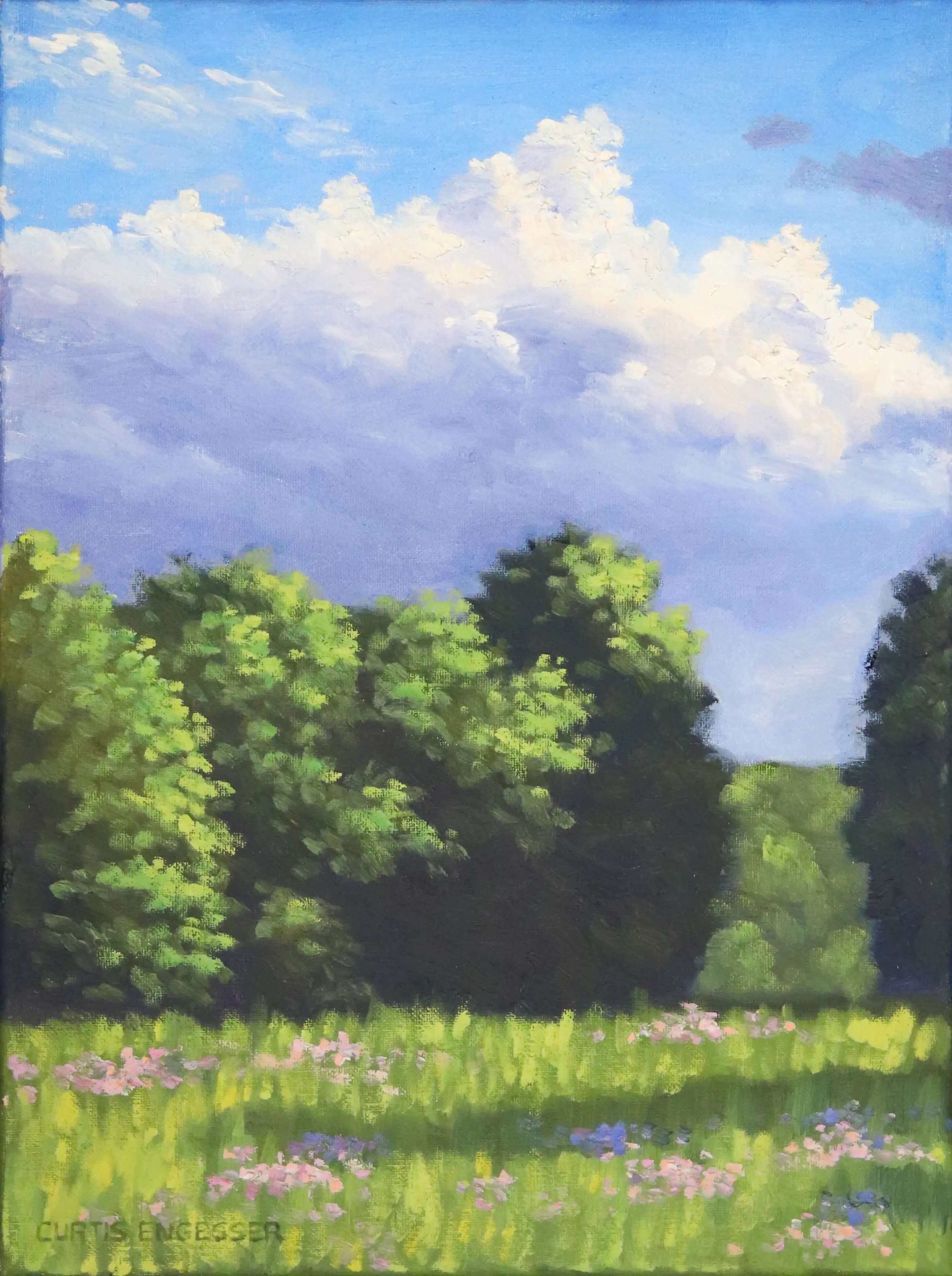 An impressionistic landscape painting featuring a vibrant green meadow with scattered pink and purple wildflowers, a line of lush green trees, and a bright blue sky filled with large white clouds by Curtis Engesser.