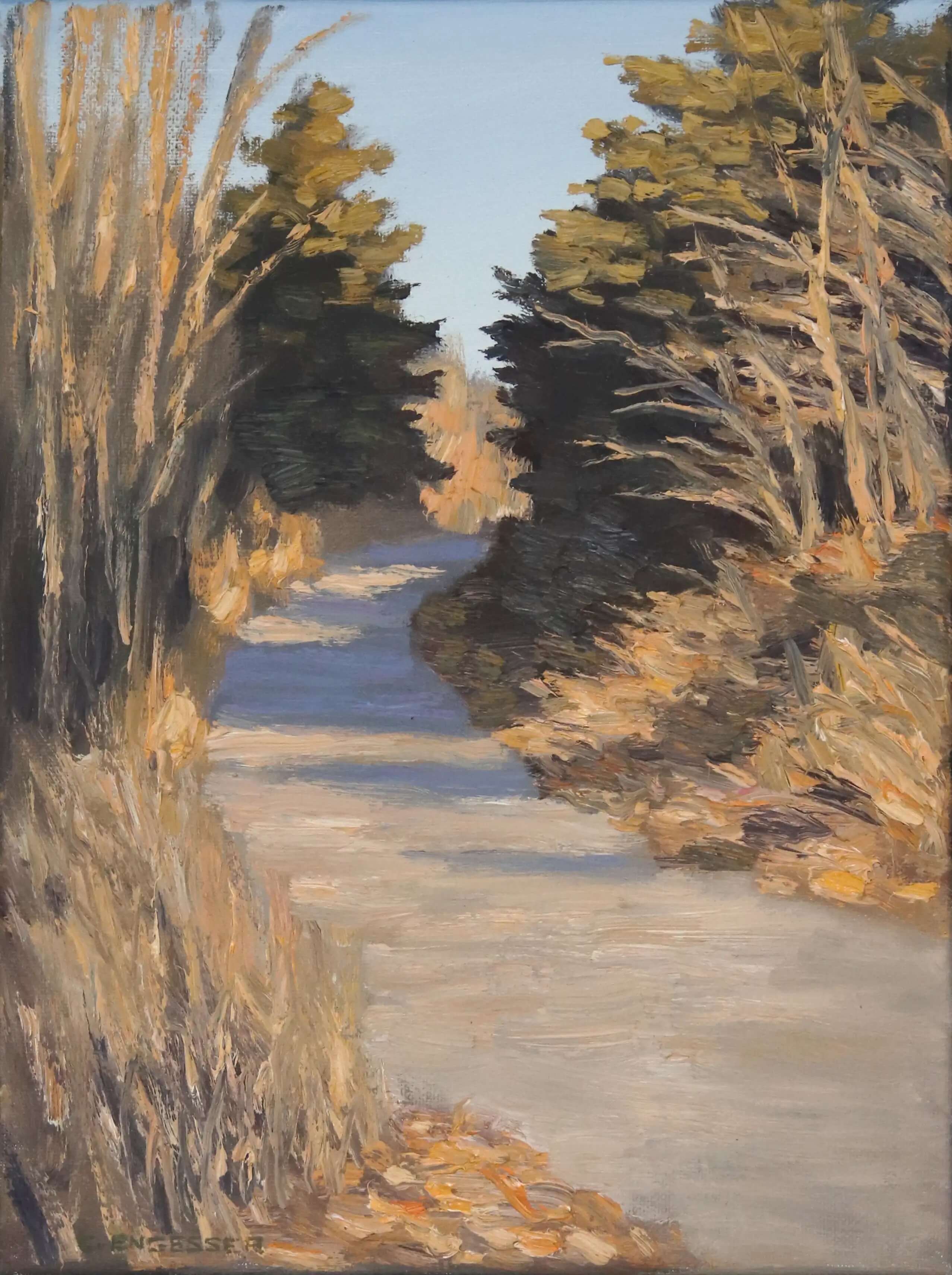 An impressionistic landscape painting of a winding path or stream bordered by tall grasses and trees under a pale blue sky by Curtis Engesser.