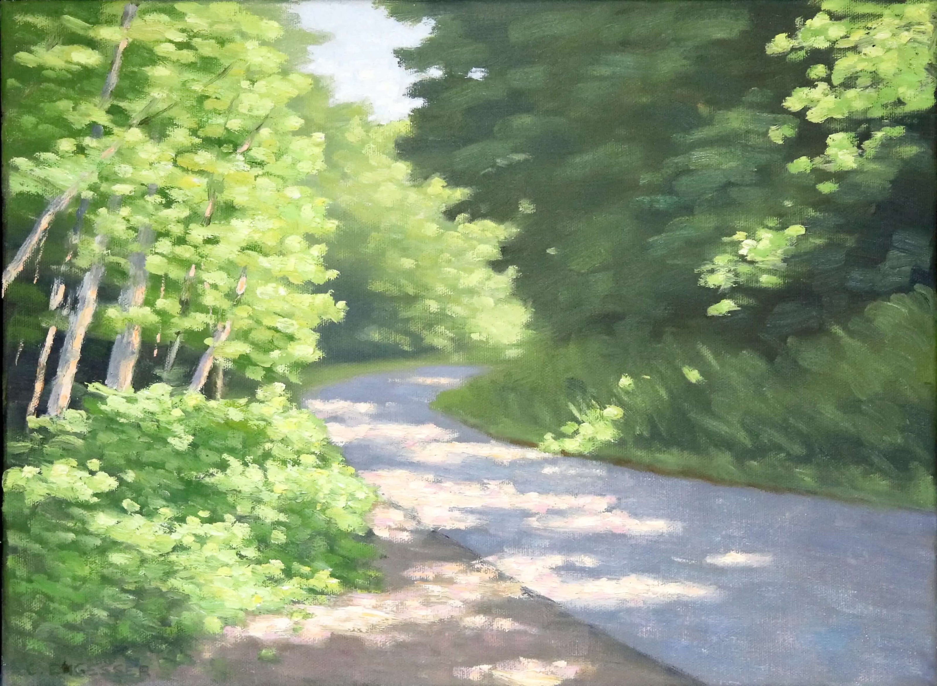 An oil painting of a winding dirt path running through a lush green forest, with dappled sunlight filtering through the trees by Curtis Engesser.