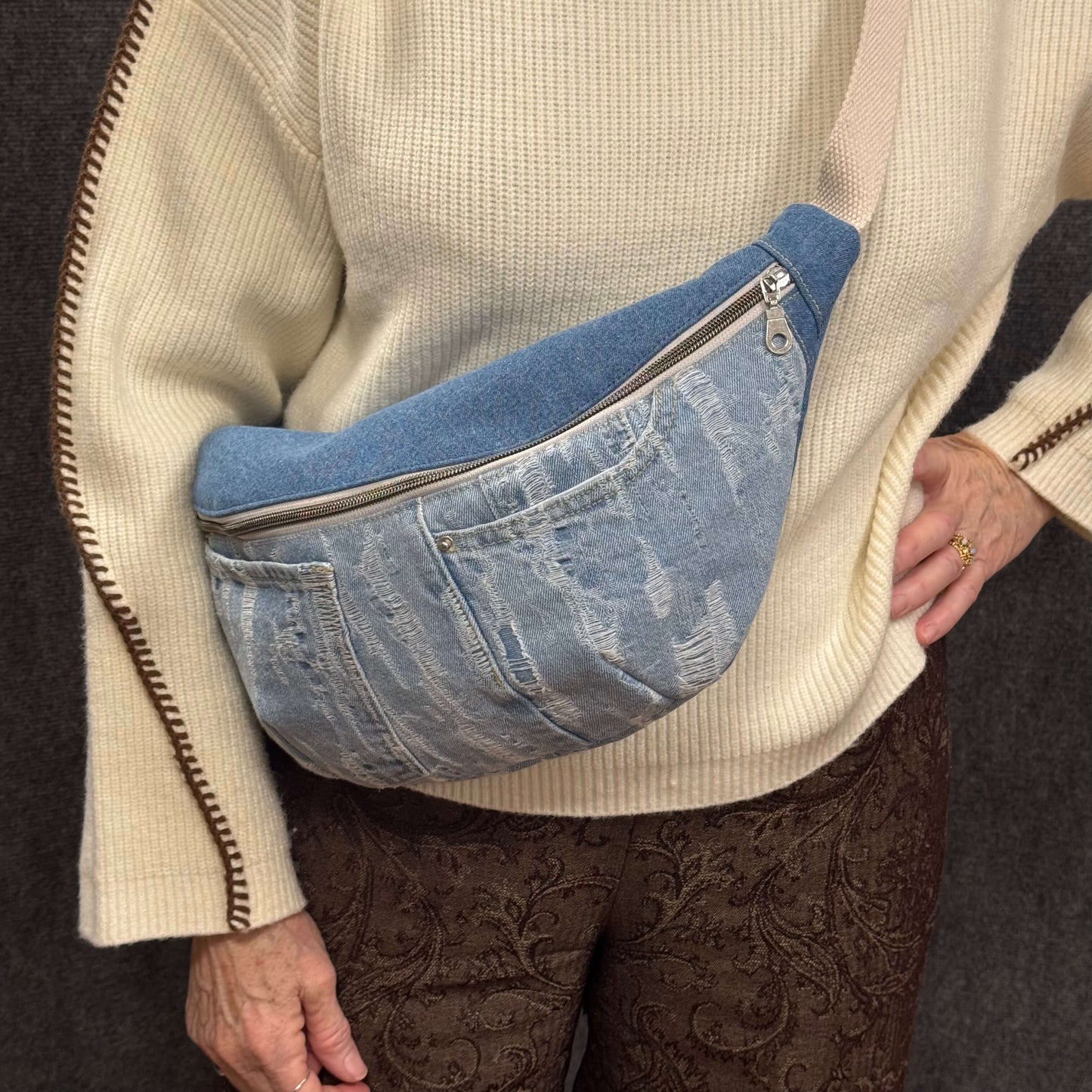 Denim Fanny Pack - Cally White Worn As a Crossbody 