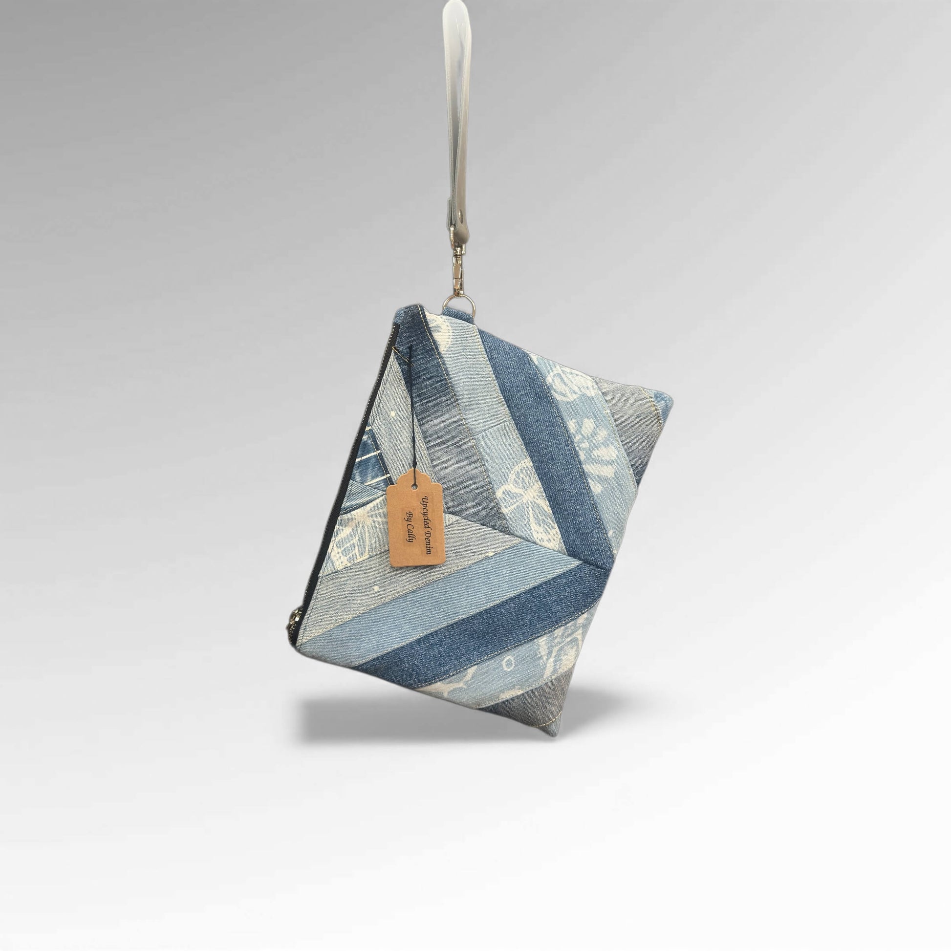 Denim Stripe & Butterfly Wristlet Cally White 