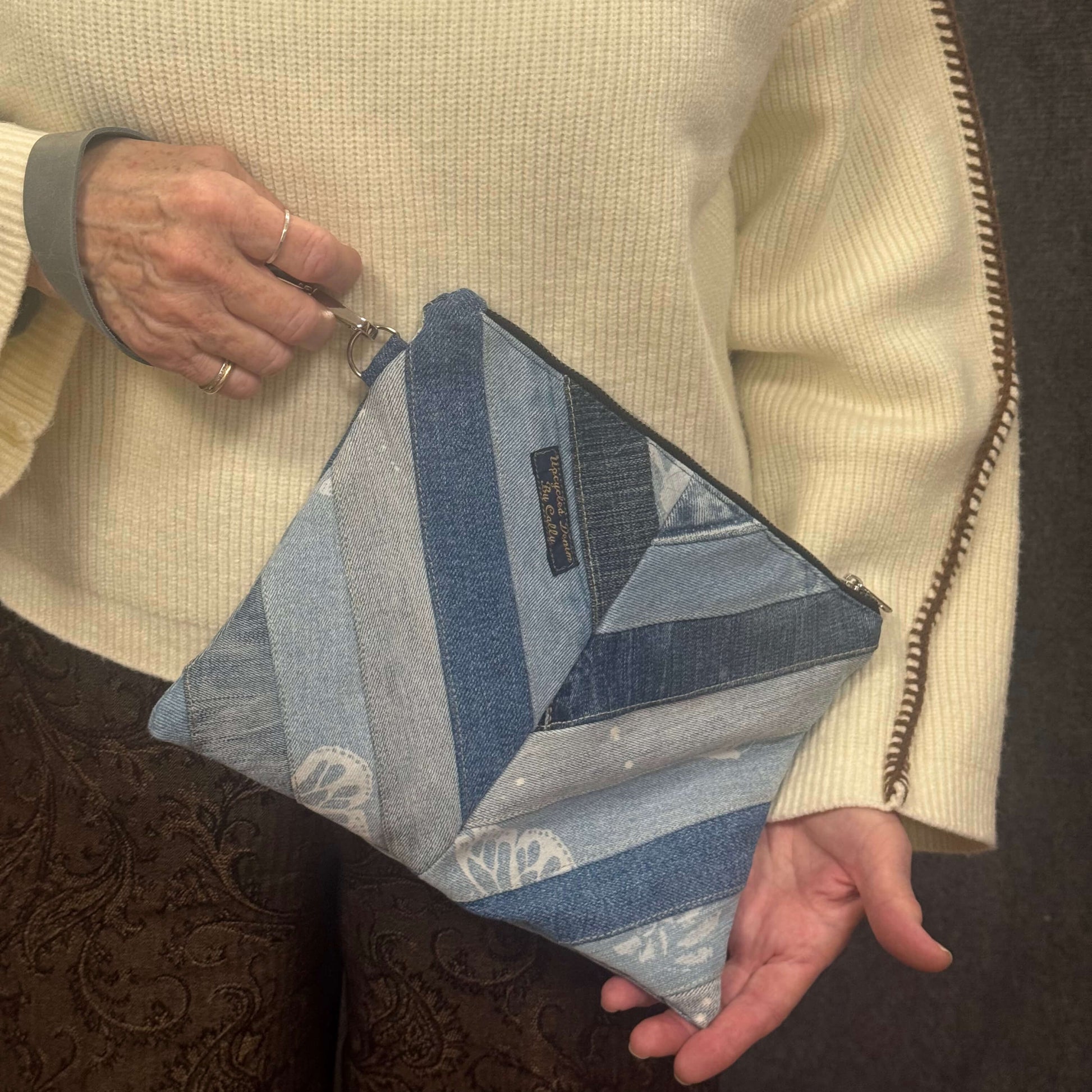 Denim Stripe & Butterfly Wristlet Cally White  Shown on Model