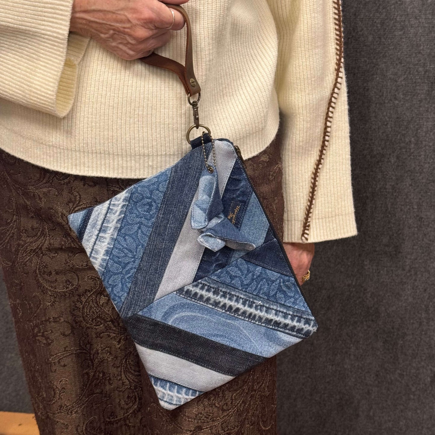 Denim Stripe Wristlet - Cally White worn by model