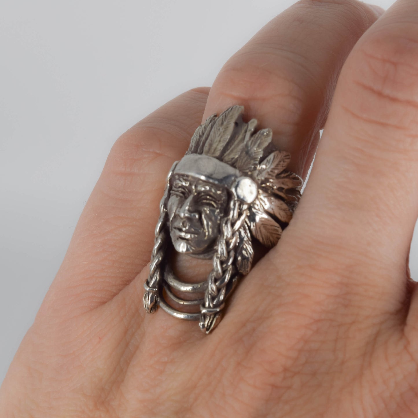 Indian Head Ring in Sterling Silver worn on finger - Jane Voorhees
