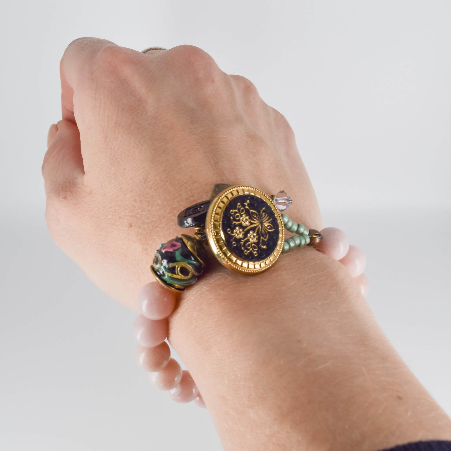 Pink Opal and Glass Button Beaded Bracelet worn on wrist - Brooke VanDerzee