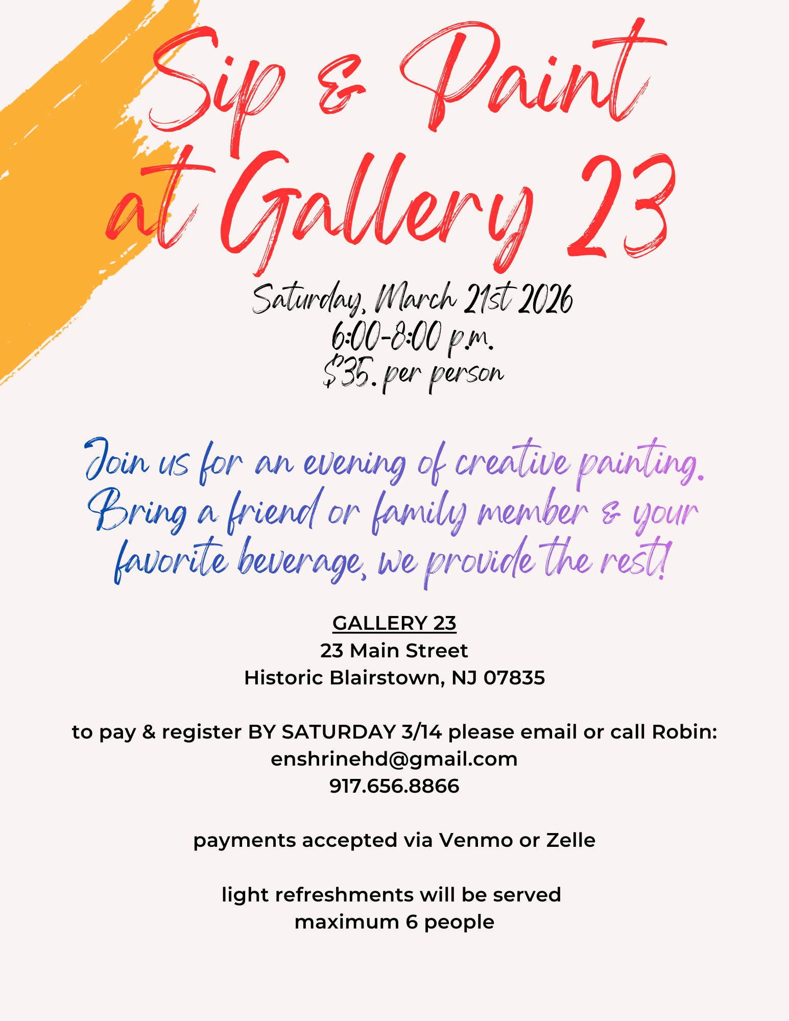 Promotional flyer for Sip & Paint event at Gallery 23 with contact information.