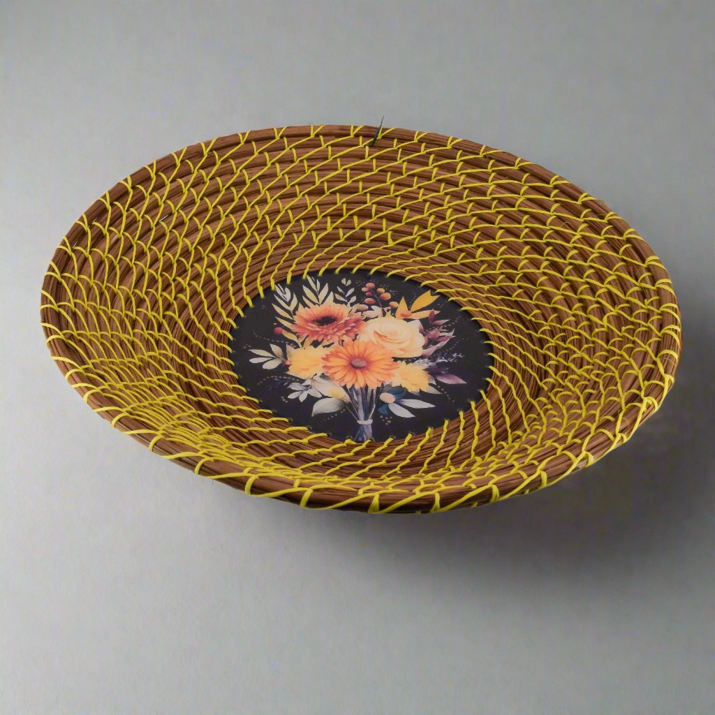 TK Pine Needle Basket with Floral Bouquet shown in hand for scale