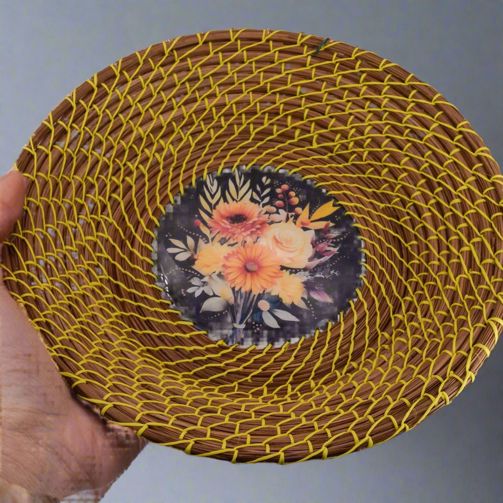 pine needle basket featuring floral bouquet