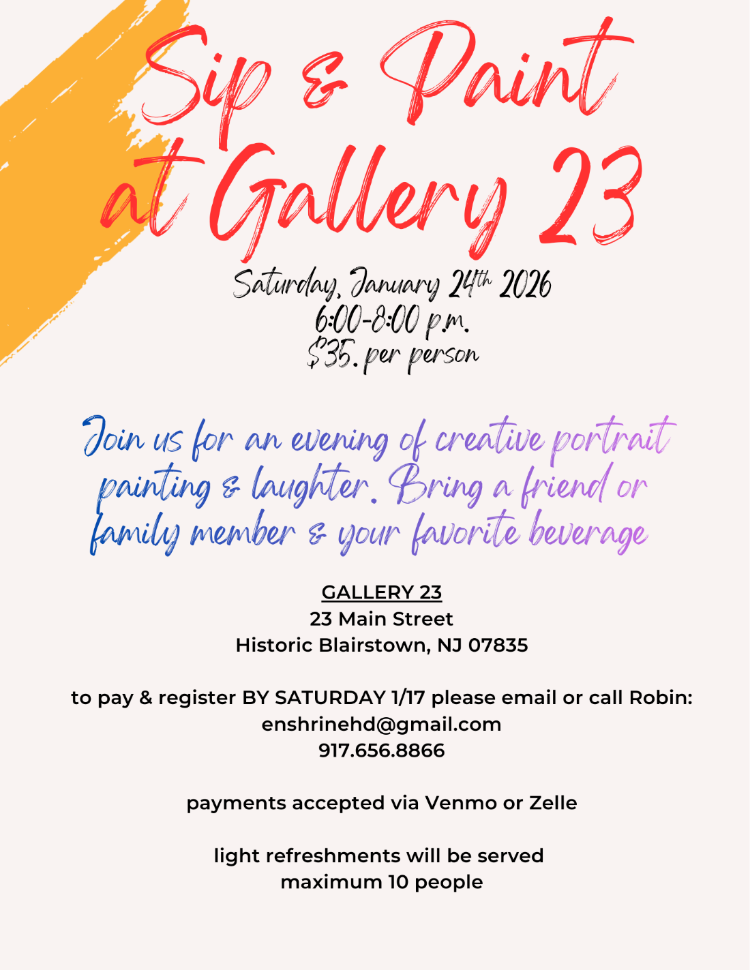 Promotional flyer for Sip & Paint event at Gallery 23 with contact information.